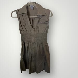 Poetry Clothing Olive Khaki Smocked Waist Zip Front Summer Dress  A